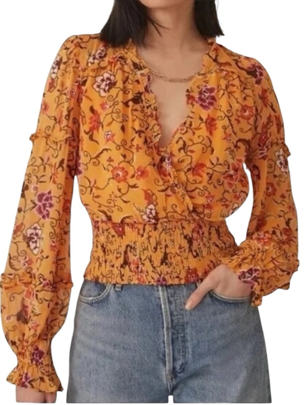 Anthropologie fliral Printed Ruffle Blouse Orange Motif long sleeve size M